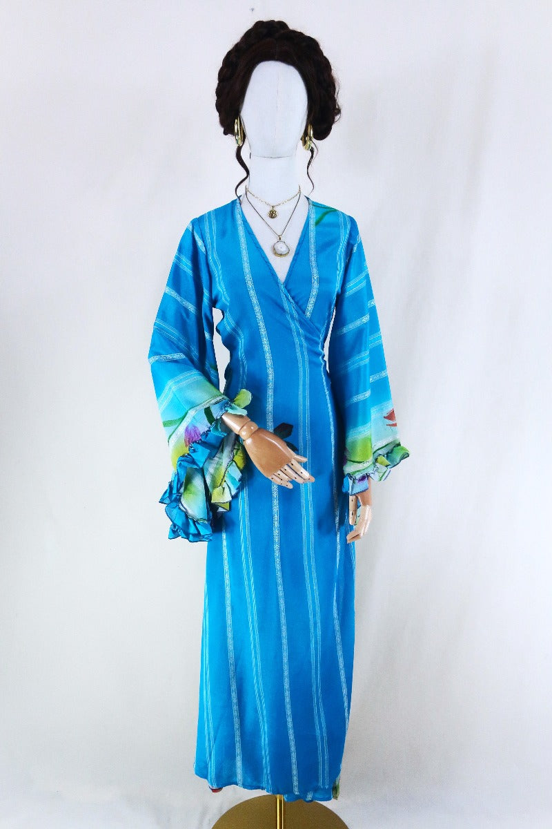 Venus Maxi Dress - Vintage Sari - Embroidered Sky Blue Stripe - Size S/M by all about audrey