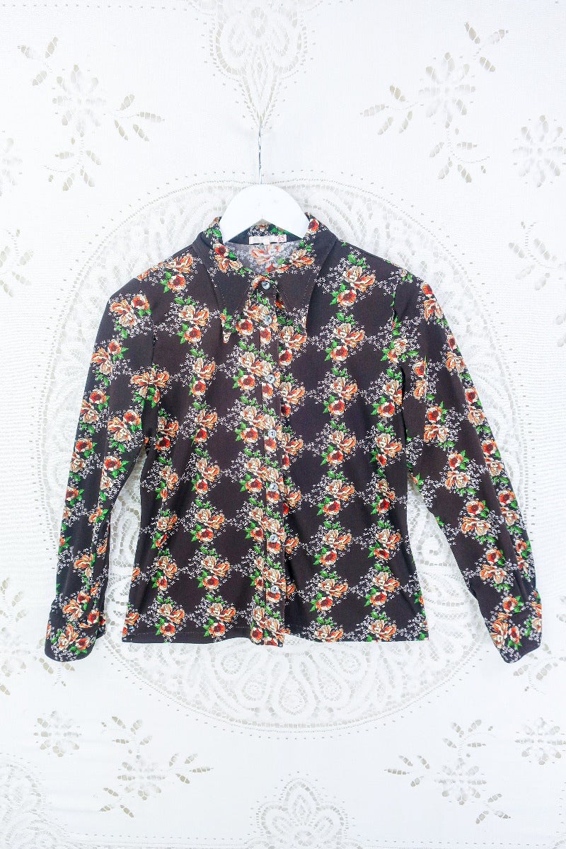 Vintage Dark Chocolate Floral Dagger Collar Shirt - Size S By All About Audrey