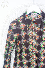 Vintage Dark Chocolate Floral Dagger Collar Shirt - Size S By All About Audrey