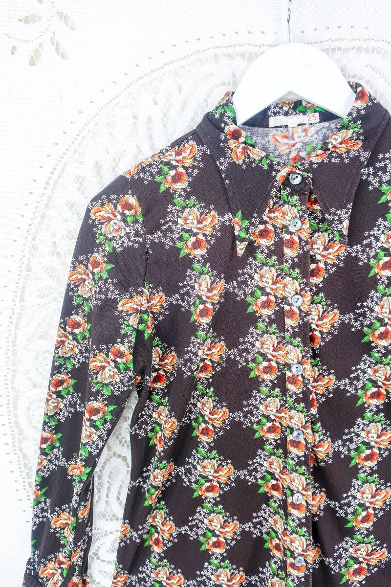 Vintage Dark Chocolate Floral Dagger Collar Shirt - Size S By All About Audrey