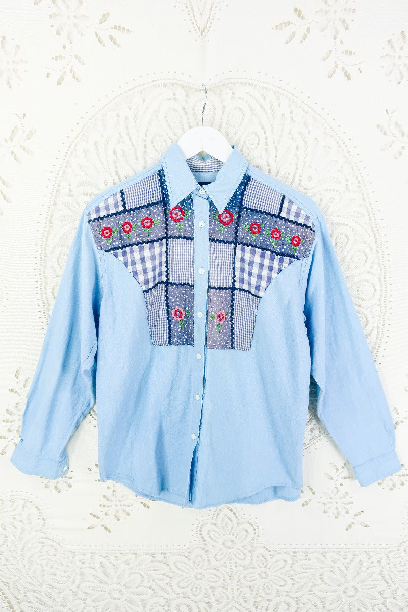 Vintage Sky Blue Patchwork Prairie Shirt - Size L by all about audrey
