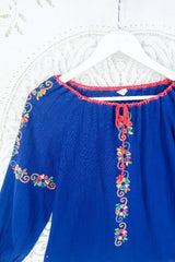 Vintage Folky Indigo Floral Embroidered Blouse - Size S By All About Audrey
