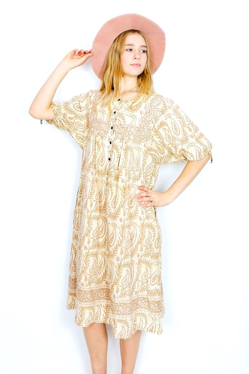 70's Vintage Midi Smock Dress - Cream, Caramel & Lilac Paisley - Size M/L by all about audrey