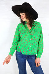 Vintage 70s Shirt - Spring Green Sweet Blossom Print - Size M/L by all about audrey