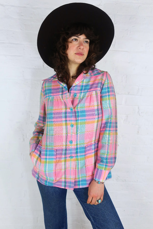 Vintage 70s Overshirt - Baby Pink Plaid - Size S by all about audrey