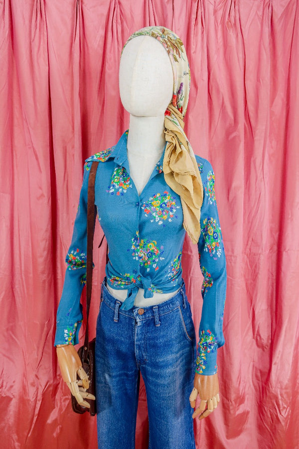 Vintage Shirt - Cornflower Blue Painted Flowers - Size XXS by all about audrey