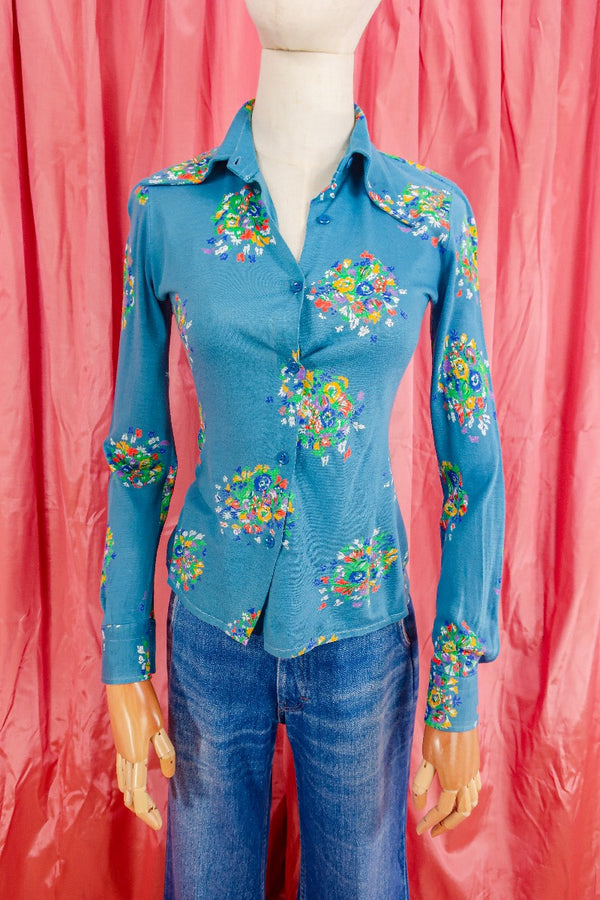 Vintage Shirt - Cornflower Blue Painted Flowers - Size XXS by all about audrey