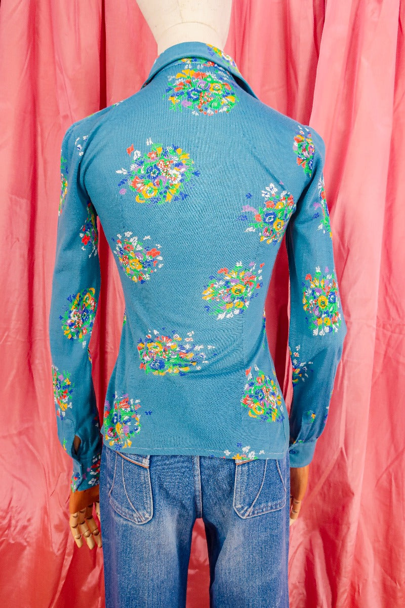 Vintage Shirt - Cornflower Blue Painted Flowers - Size XXS by all about audrey