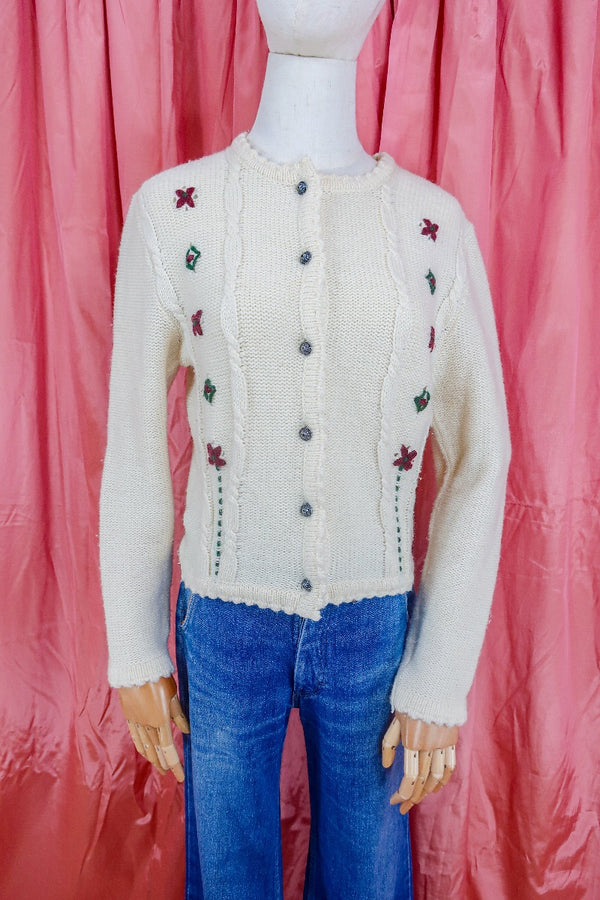 Vintage Jumper- Embroidered Diamond and Poppy Cream Cardigan- Size XS/S by all about audrey