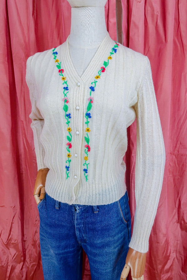 Vintage Jumper - Summer bloom embroidered lightweight Cardigan - Size XS/S by all about audrey