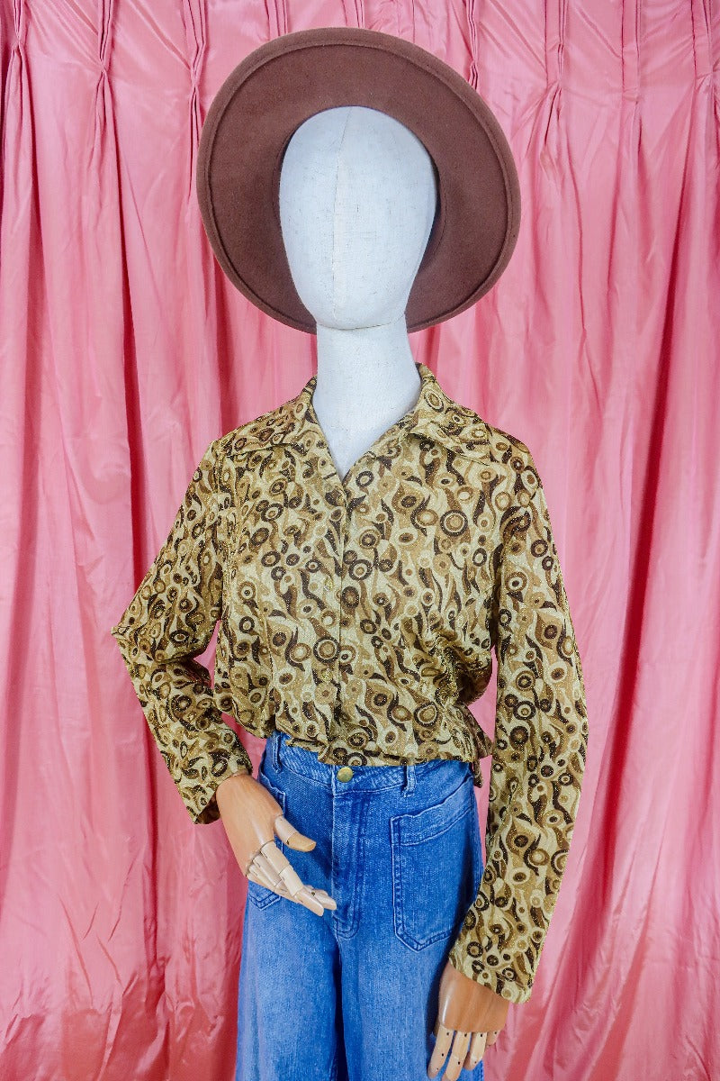 Vintage Shirt - Earth Tone & Gold Sparkle Swirl - Size S/M by all about audrey