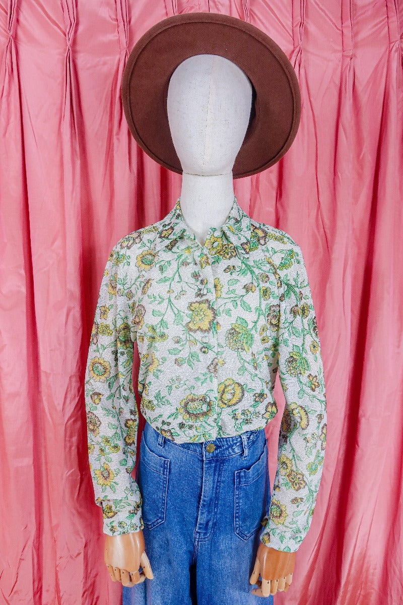 Vintage Shirt - Sparkly Ivy Green & Sun Wildflower - Size S/M by all about audrey