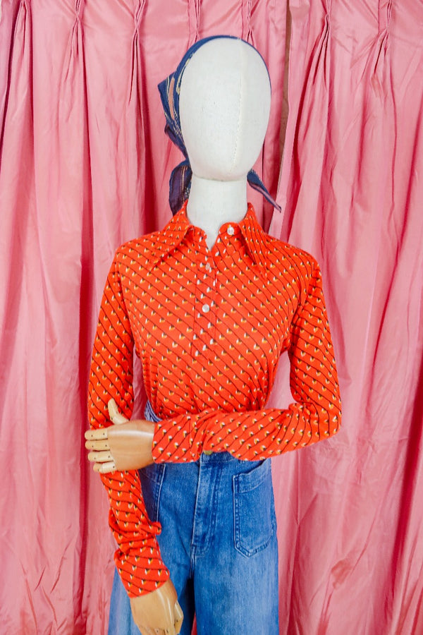 Vintage Shirt - Orange Haze Tile Print - Size S by all about audrey