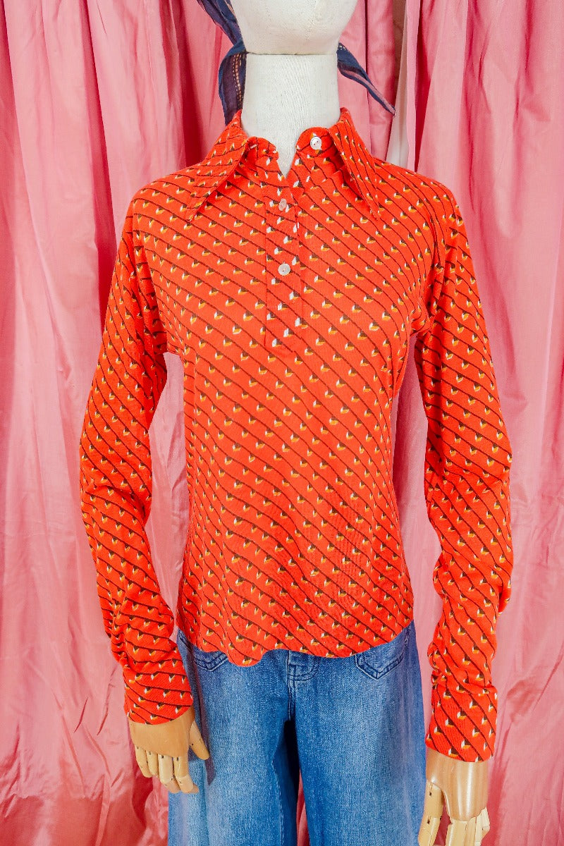 Vintage Shirt - Orange Haze Tile Print - Size S by all about audrey