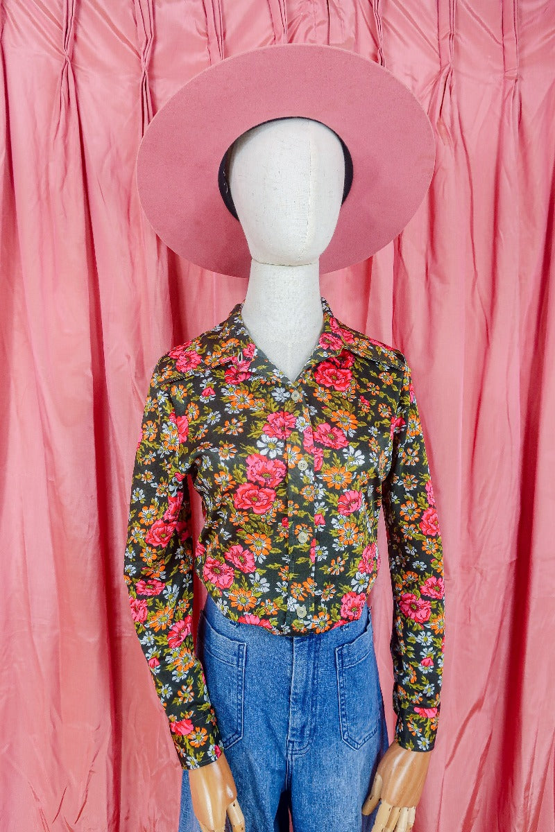 Vintage Shirt - Charcoal & Vivid Pink Floral - Size S/M by all about audrey