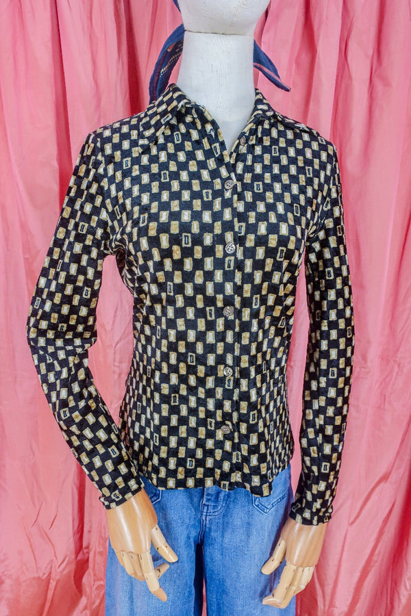 Vintage Shirt - Jet Black & Bronze Art Deco Print - Size S by all about audrey