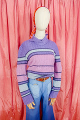 Vintage Jumper - 90's Violet and powder blue chunky stripe turtleneck -  Size M/L by all about audrey