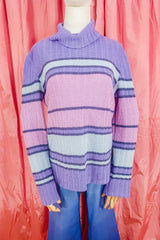 Vintage Jumper - 90's Violet and powder blue chunky stripe turtleneck -  Size M/L by all about audrey