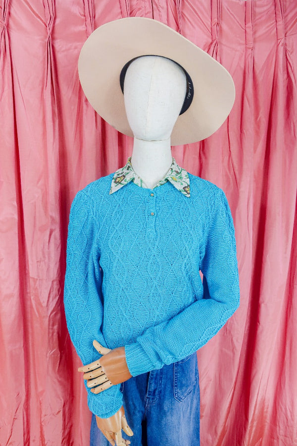 Vintage Jumper - Electric Cerulean Blue Cable Knit - Size S/M by all about audrey