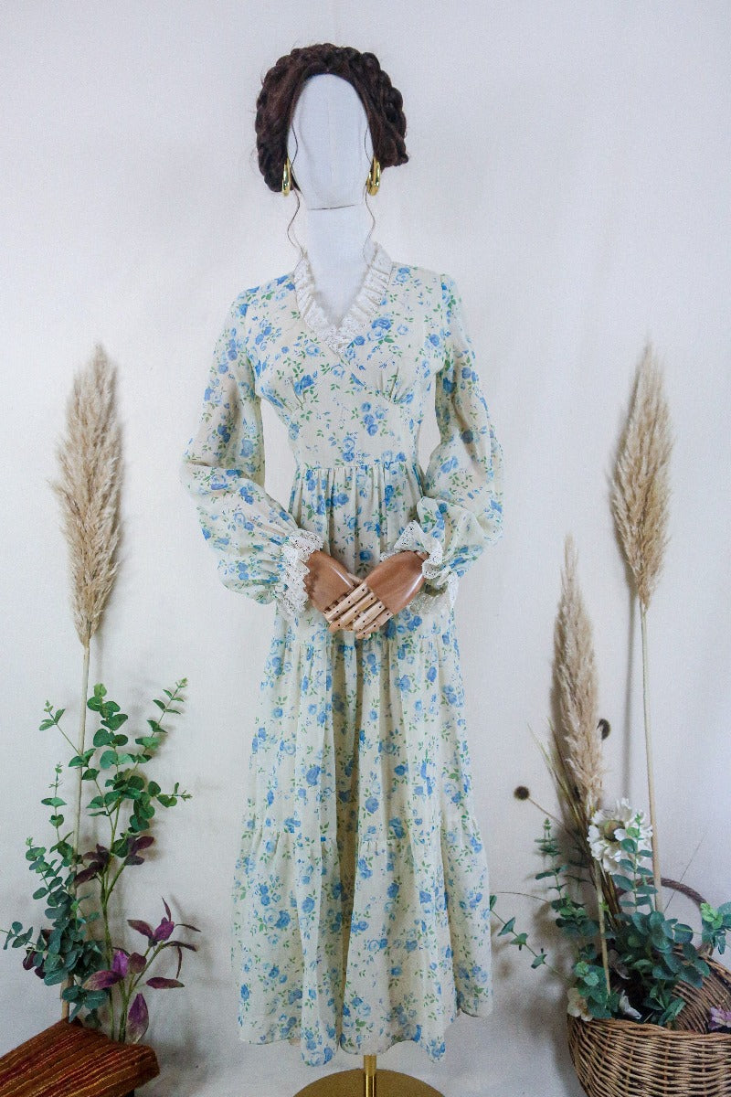 Vintage Maxi Dress - Lace and Sky Rose Prairie Dress - Size XS
