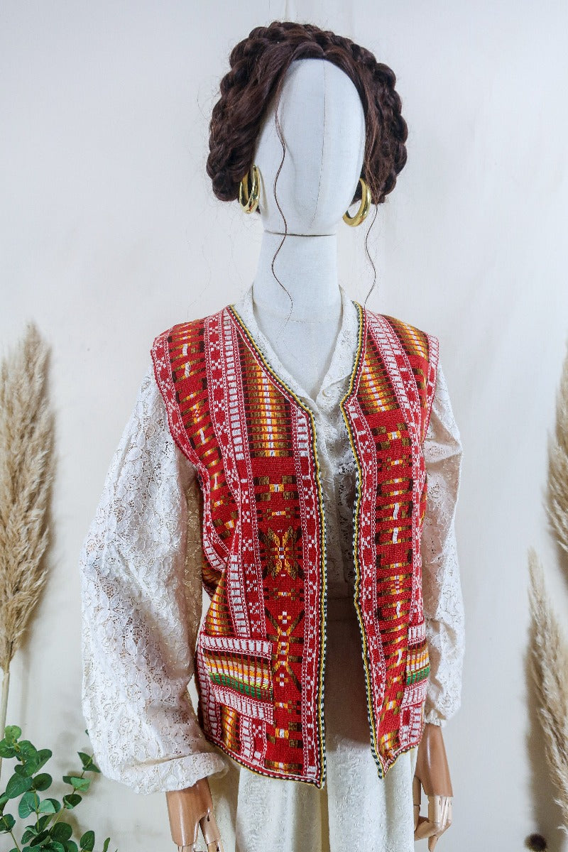 Vintage Waistcoat - Woven Cherry Red - Free Size S By All About Audrey