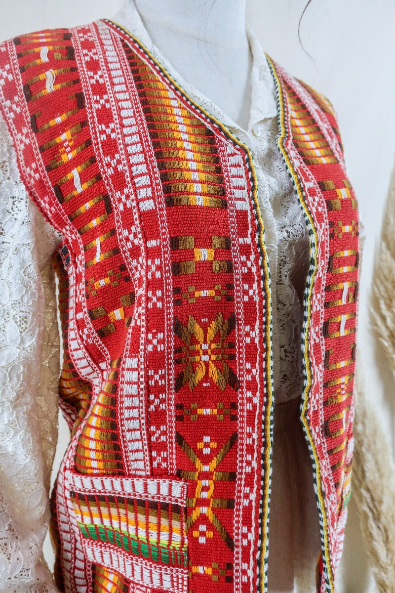 Vintage Waistcoat - Woven Cherry Red - Free Size S By All About Audrey