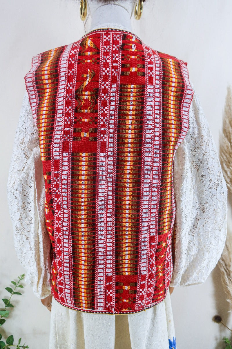 Vintage Waistcoat - Woven Cherry Red - Free Size S By All About Audrey