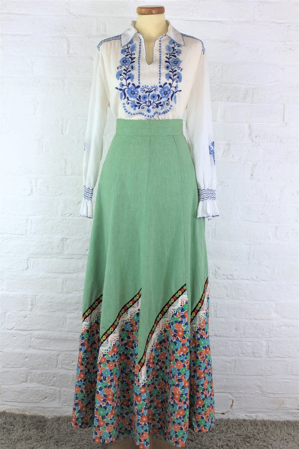 Vintage High Waisted Maxi Skirt - Bright Sage & Retro Floral - XXS all about audrey