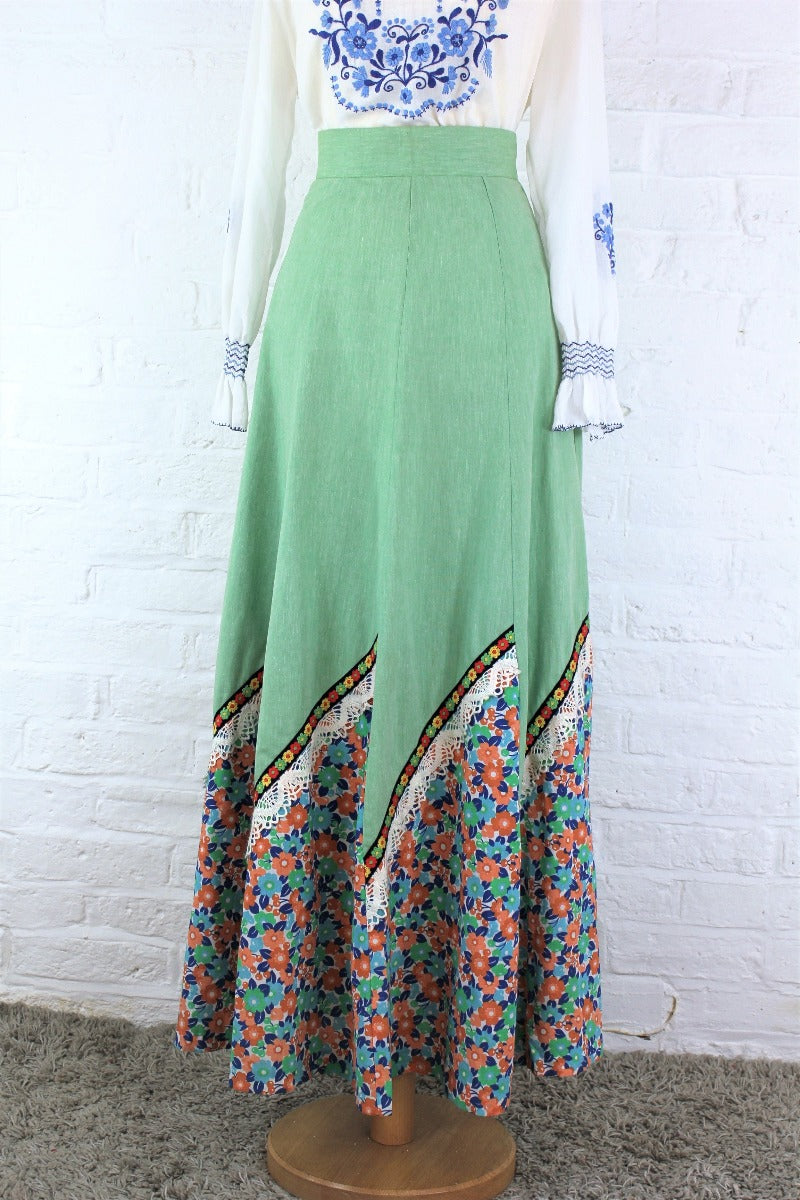 Vintage High Waisted Maxi Skirt - Bright Sage & Retro Floral - XXS all about audrey