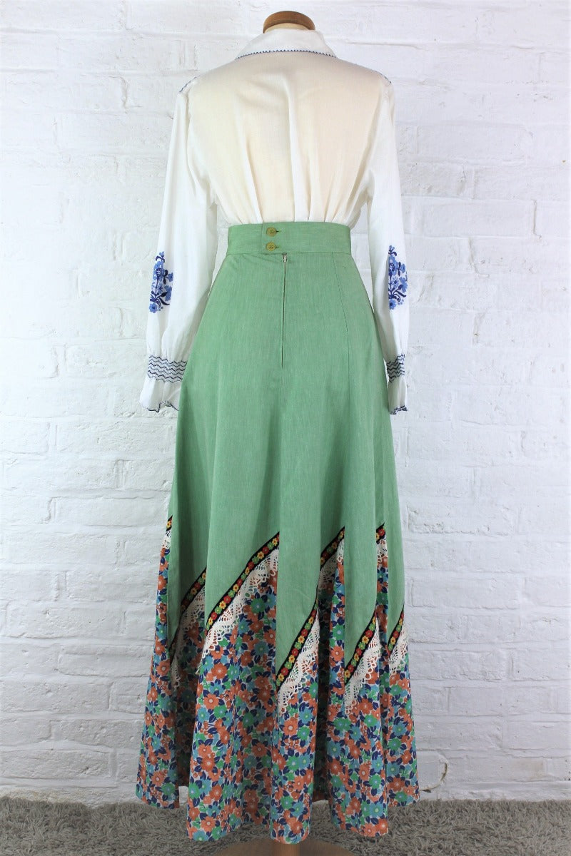 Vintage Maxi Skirt Bright Sage Retro Floral XXS All About