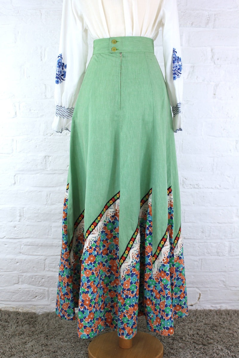 Vintage High Waisted Maxi Skirt - Bright Sage & Retro Floral - XXS all about audrey