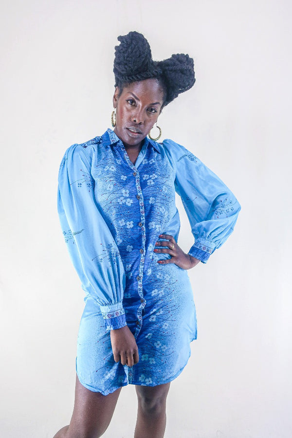 Bonnie Shirt Dress - Fountain Blue Daisies - Vintage Indian Sari - Free Size S/M By All About Audrey
