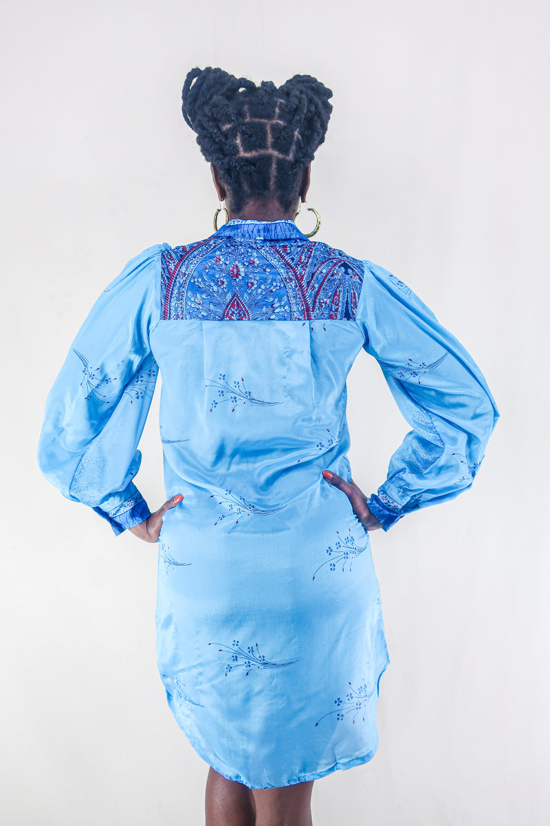 Bonnie Shirt Dress - Fountain Blue Daisies - Vintage Indian Sari - Free Size S/M