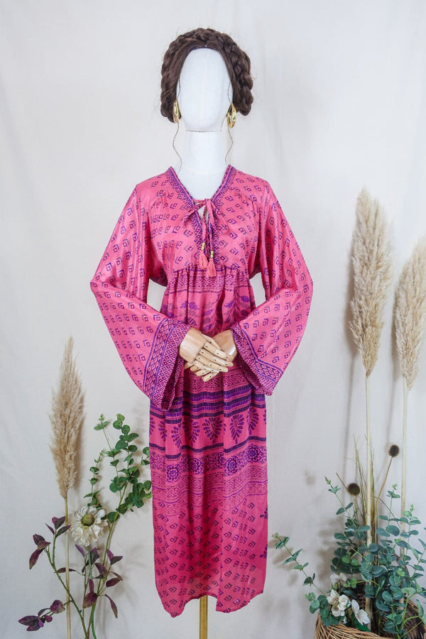 Gaia Kaftan Dress - Sunset Pink Grainy Floral - Vintage Indian Sari - Free Size