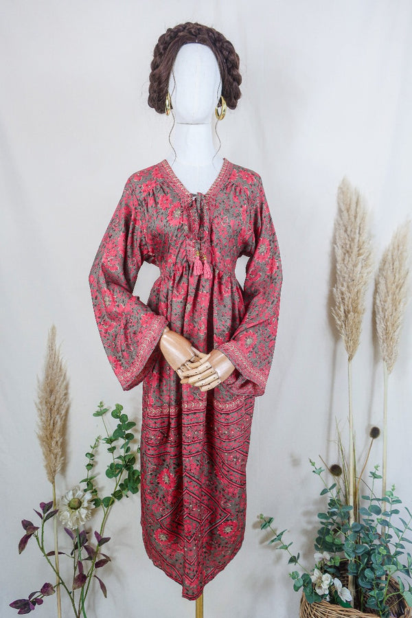 Gaia Kaftan Dress - Sweet Pink & Ash Grey Floral - Vintage Indian Sari - Free Size By All About Audrey