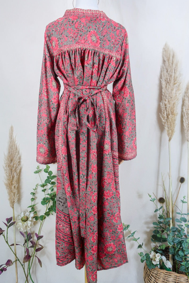 Gaia Kaftan Dress - Sweet Pink & Ash Grey Floral - Vintage Indian Sari - Free Size By All About Audrey
