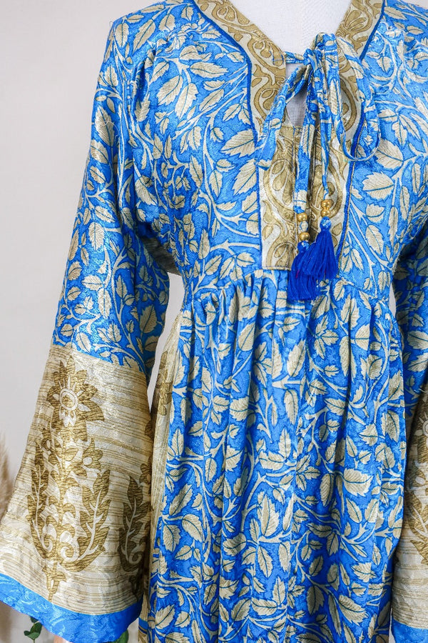 Gaia Kaftan Dress - Cobalt Blue & Gold Vines - Vintage Indian Sari - Free Size By All About Audrey
