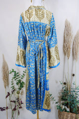 Gaia Kaftan Dress - Cobalt Blue & Gold Vines - Vintage Indian Sari - Free Size By All About Audrey