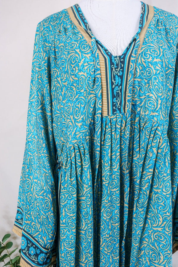 Gaia Kaftan Dress - Turquoise Blue Paisley Crests - Vintage Indian Sari - Free Size By All About Audrey