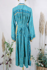Gaia Kaftan Dress - Turquoise Blue Paisley Crests - Vintage Indian Sari - Free Size By All About Audrey