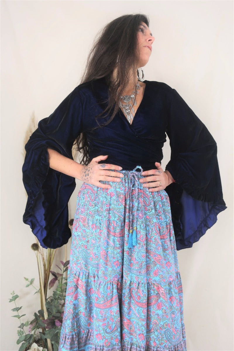 Florence Prairie Skirt - Powder Blue & Peach Paisley (Free Size) By All About Audrey