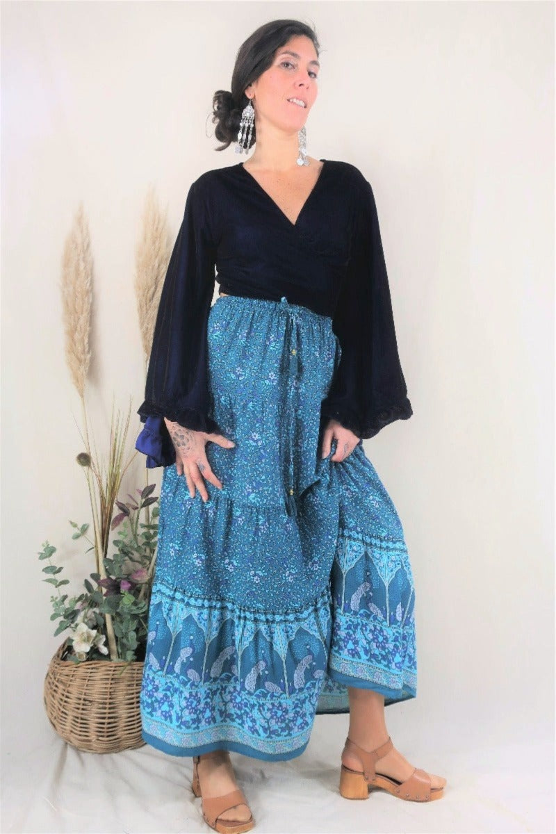 Peacock Prairie Skirt - Ocean & Indigo (Free Size) By All About Audrey