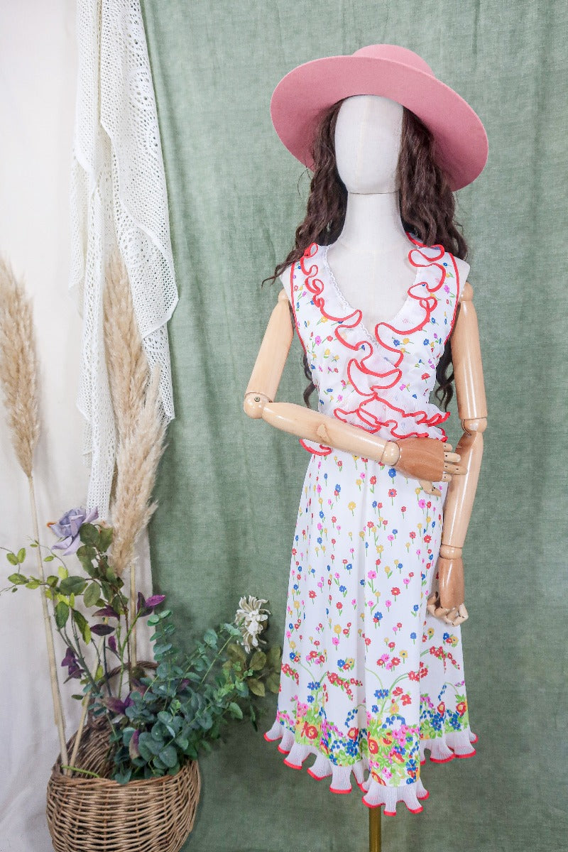 Vintage Midi Dress - Ruffled Ditsy Florals - Size S/M By All About Audrey