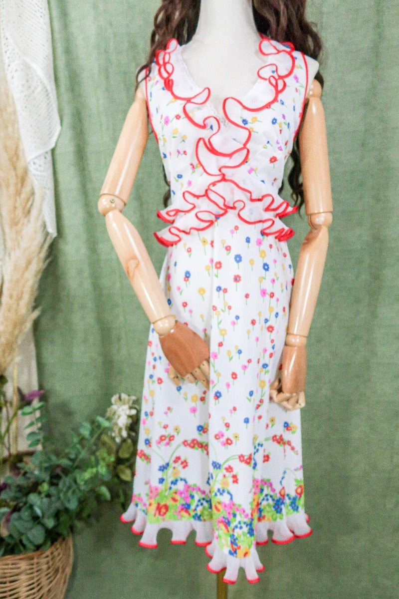 Vintage Midi Dress - Ruffled Ditsy Florals - Size S/M By All About Audrey