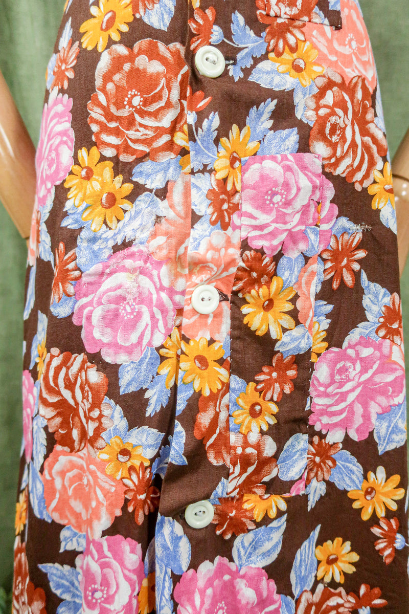 Vintage Midi Dress - Retro Patchwork Earth & Pink Floral - Size M/L