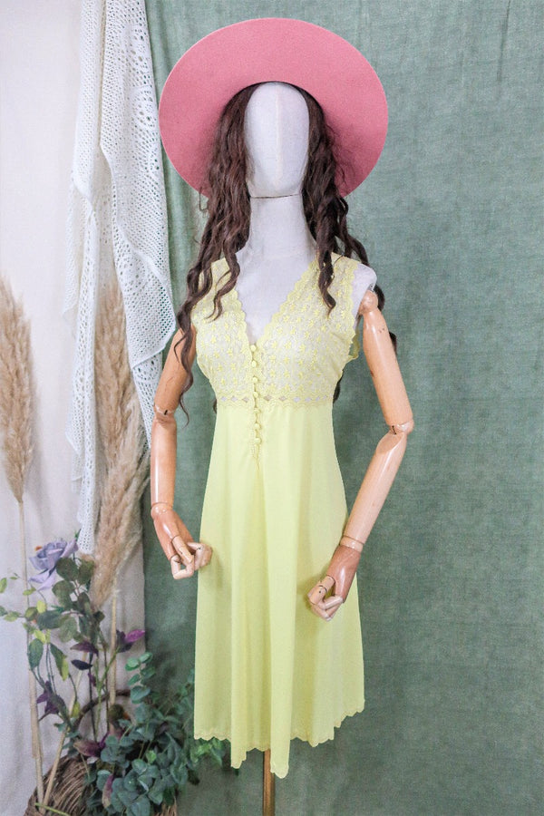 Vintage Mini Dress - Lemon Yellow Lace Slip - Size XS/S By All About Audrey