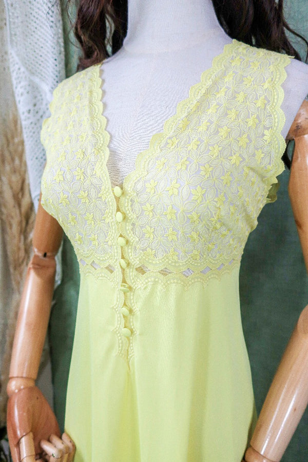 Vintage Mini Dress - Lemon Yellow Lace Slip - Size XS/S By All About Audrey