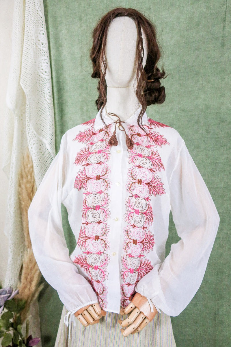 Vintage Top - Retro Magenta & Earth Embroidered Blouse - Free Size M By All About Audrey