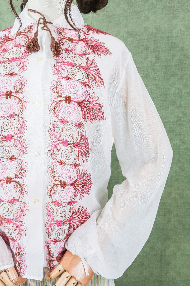 Vintage Top - Retro Magenta & Earth Embroidered Blouse - Free Size M By All About Audrey