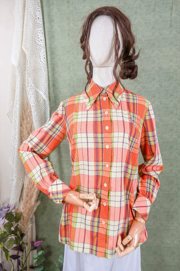 Vintage Top - Checkered Burnt Orange & Lime - Free Size S/M By All About Audrey